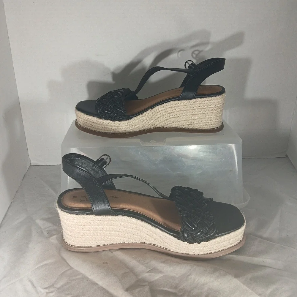 Time and Tru Wedge Sandals 8 Black‎ Braided Espadrille Platform Memory Foam Boho